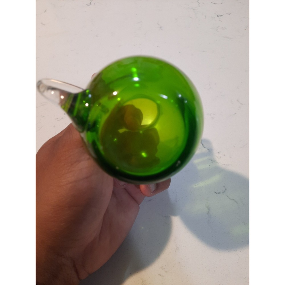 Hand Blown Bright Green Glass Miniature Pitcher Applied Clear Handle Decorative - Picture 5 of 5